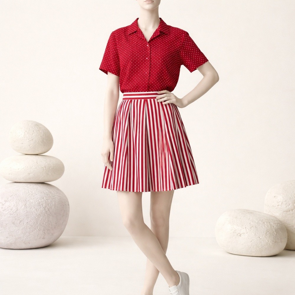 Vtg ESPIRIT Red White Polka Dot Shirt Striped Mini‎ Skirt Set New Y2K 90s Retro